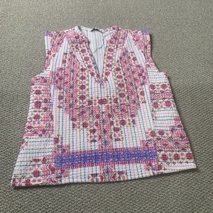 ZARA Womens Jacket‎ Size Small Cream Pink Printed Quilted Vest Sleeveless V-Neck